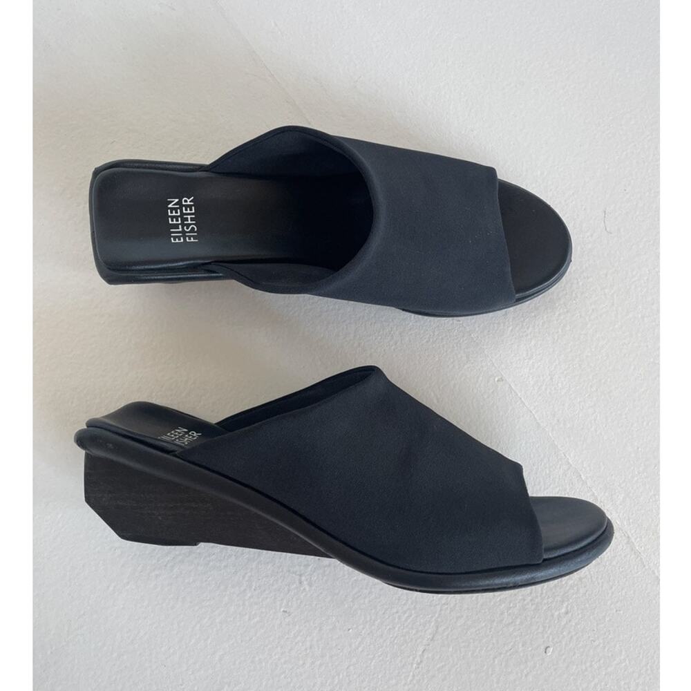 Vtg Eileen Fisher Black Jud Stretch Low Wedge Slide Sandals / Sz 8.5 / Leather